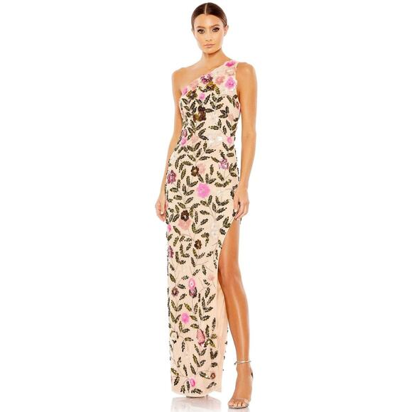 MAC DUGGAL Floral Sequined One Shoulder Nude Side Slit Gown Dress Size 2 NWT - Picture 1 of 16